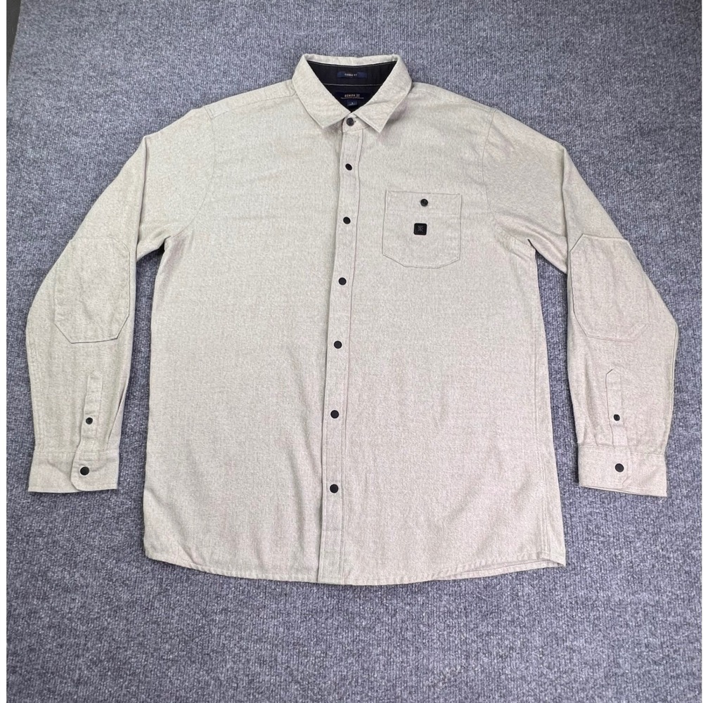 Roark Button Down Shirt Mens Large Tan Classic Fit Elbow Patch Organic Cotton